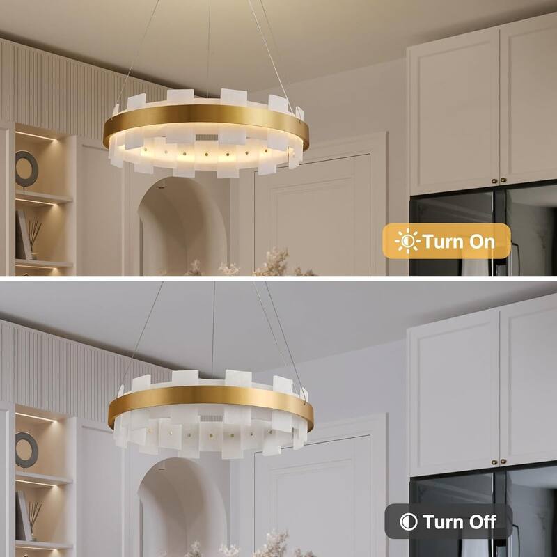 KAYLA Luxury Alabaster Chandelier, 37.4 in. Modern Integrated LED Gold Pendant Light for Entryway, Living Room & Foyer