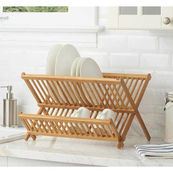 Bamboo Dish Drying Rack - 2-Tier Collapsible & Foldable Countertop Organizer, Natural Eco-Friendly Wood, Space-Saving Design
