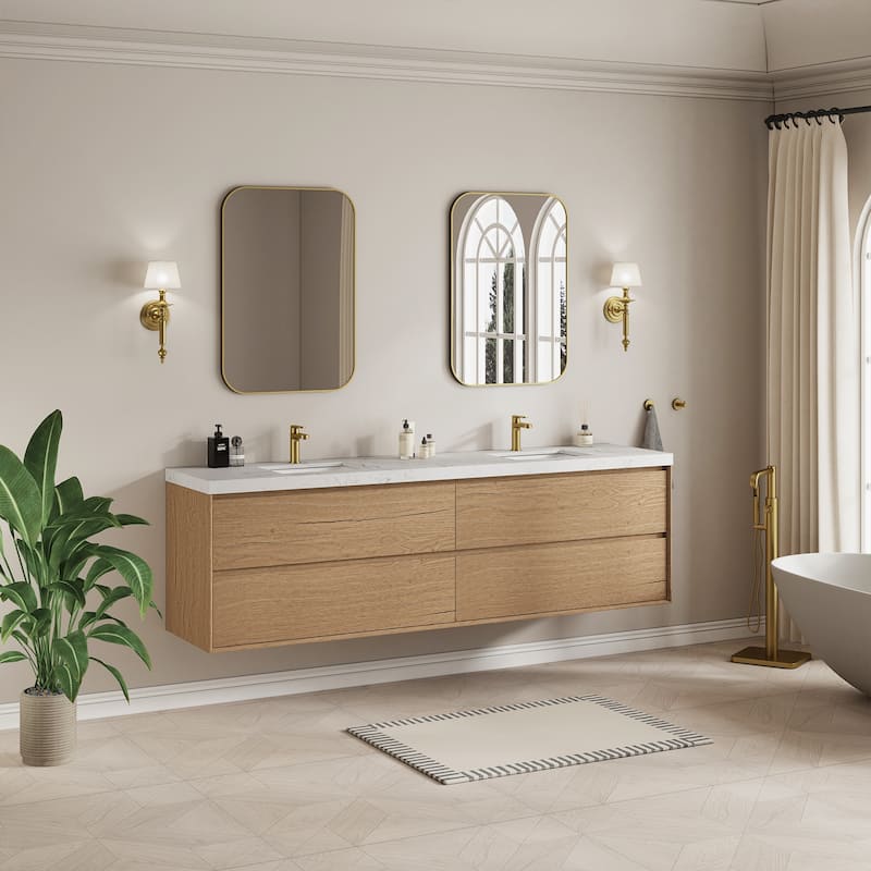 Sylphar 84 inch Bathroom Vanity with Sink, Floating Oak Cabinet with Stone Top