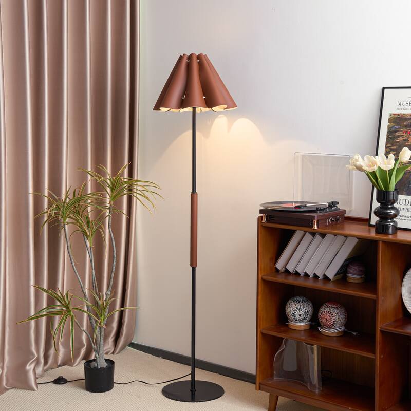 Mid-Century Modern Floor Lamp with Faux Leather Shade - 65 inch