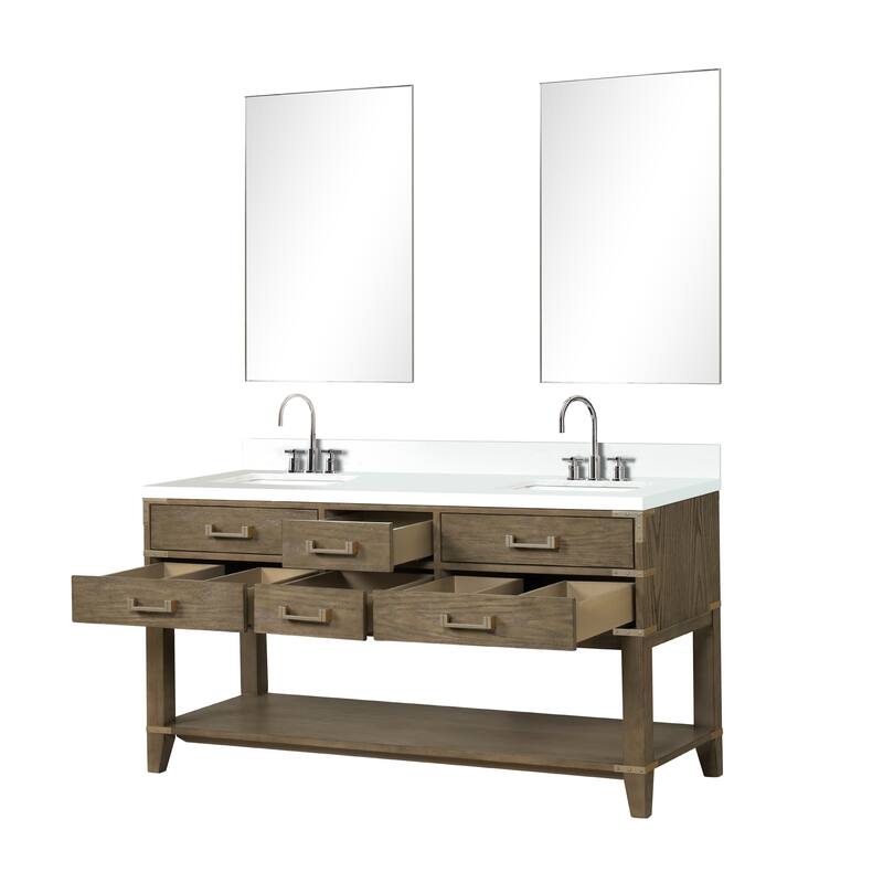Norwalk 60 in W x 22 in D Black Oak Double Bath Vanity, Cultured Marble Top, Faucet Set, and 28 in Mirrors
