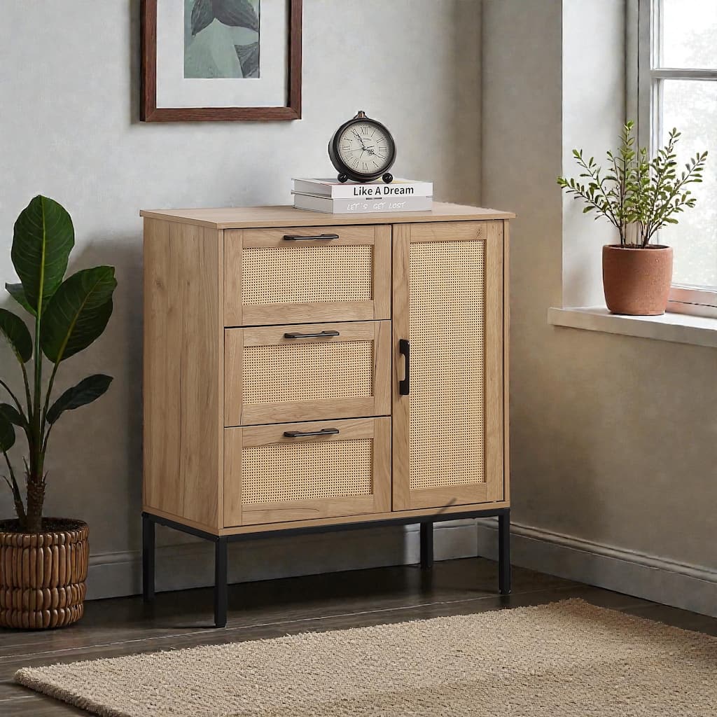 Mid-Century Storage Cabinet with 3 Drawers and Rattan Doors, Adjustable Shelves, Solid Wood Legs for Living or Dining Room