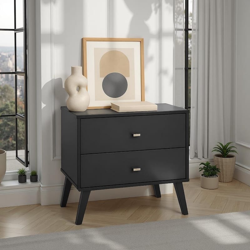 Prepac Milo Mid-Century Modern 2 Drawer Nightstand, Bedside Table, Contemporary Bedroom Furniture