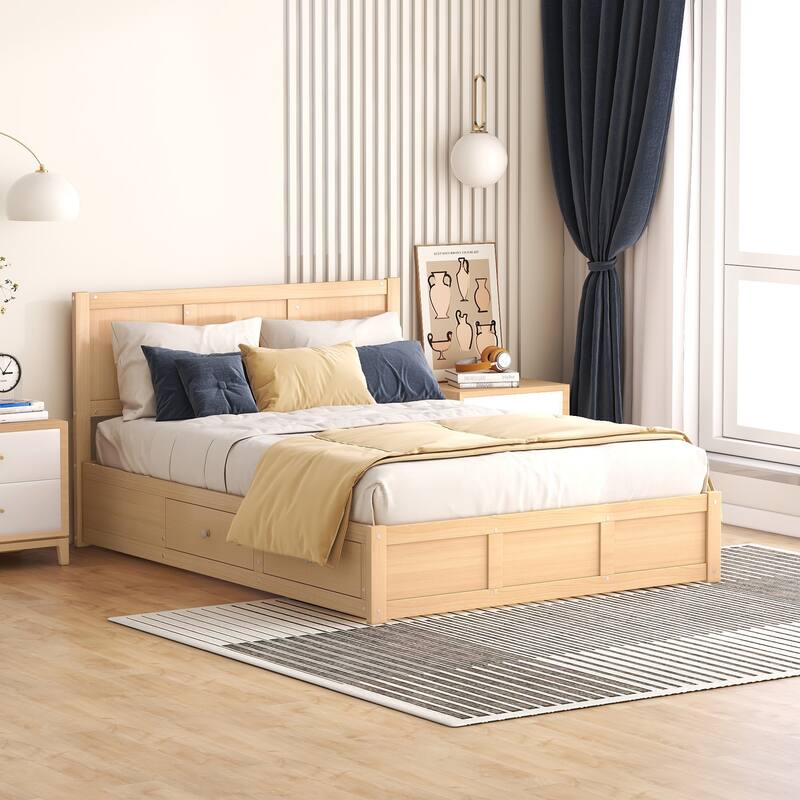 Queen/Full Wood Platform Bed Frame with Underneath Storage and Drawers, Pine Wood and MDF Construction, Easy Assembly