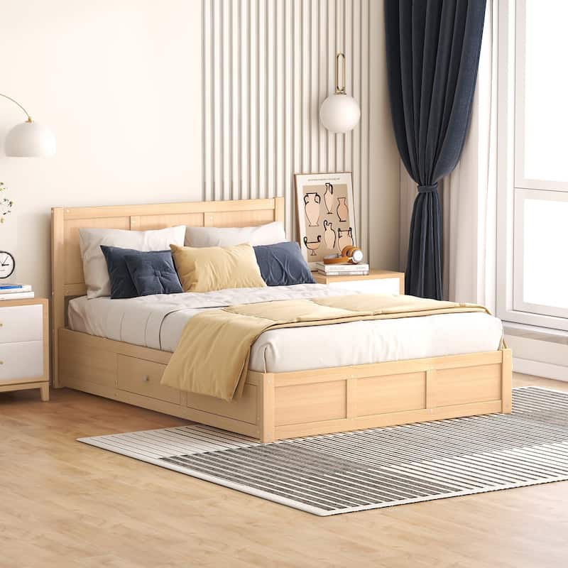 Wooden Hydraulic Storage Bed Frame, Solid Pinewood Storage Platform Bed with Underneath Storage and 2 Drawers, Wood Slat Support
