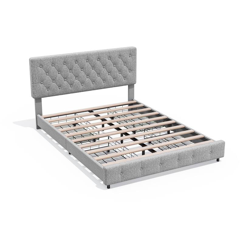 Linen Upholstered Headboard Bed Frame with Large Hidden Storage, 4 Underbed Drawers with Pulleys - White - Queen