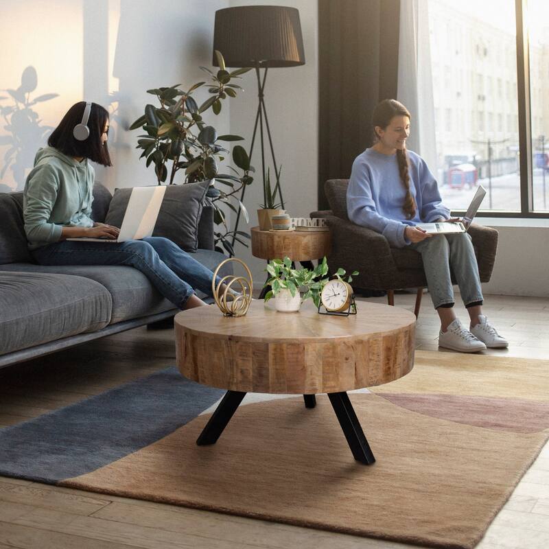 Rustic Round Coffee Table, Mango Wood With Metal Legs Mercury Table
