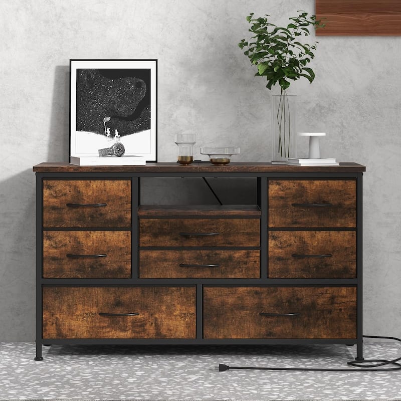 8-Drawer Fabric TV Stand with LED Lights & Built-in Power Outlets