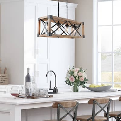 Modern Farmhouse 4-Light Wood Cage Chandelier Glass Shade Kitchen Island Lights - Taupe - L27.5"xW10"xH80.5"