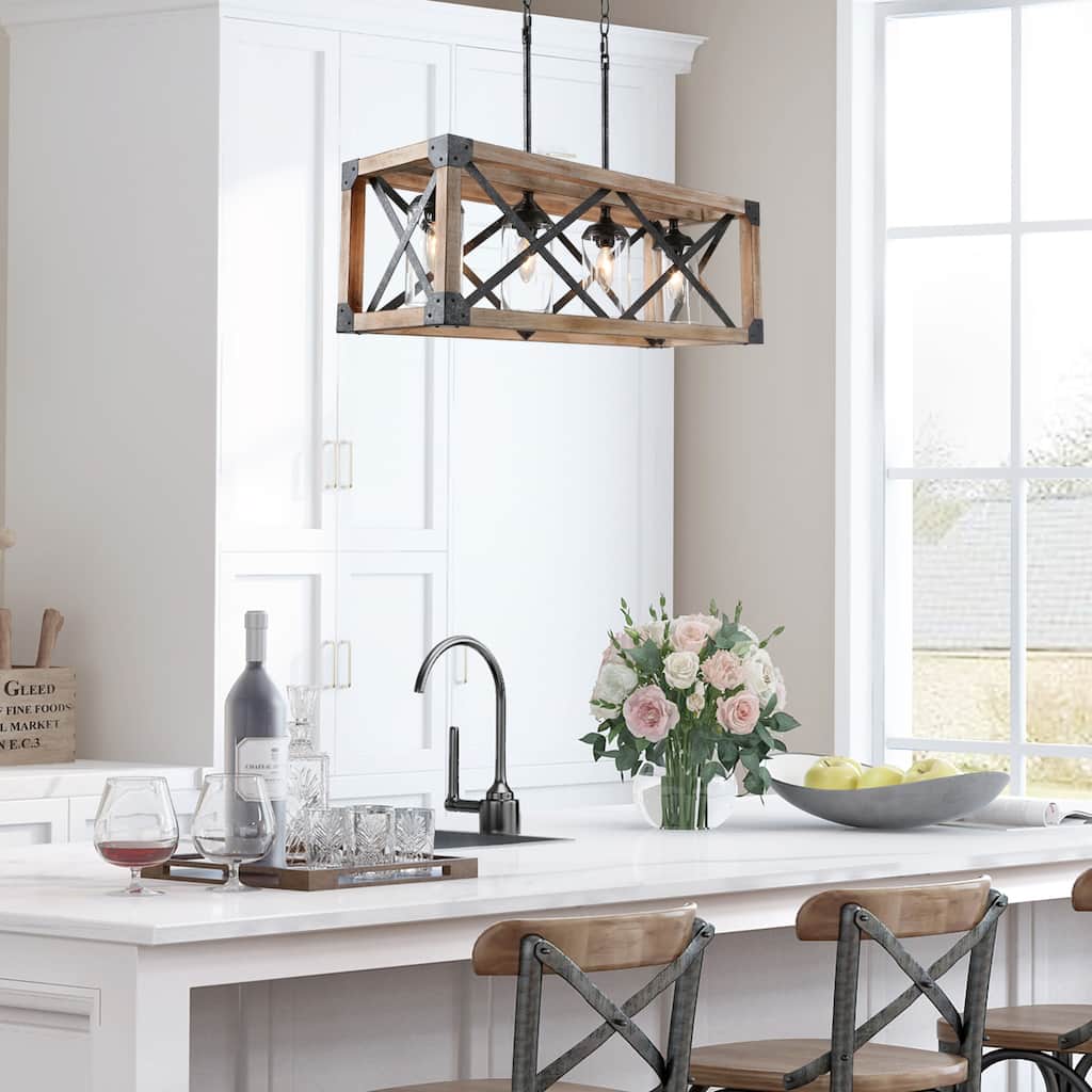 Modern Farmhouse 4-Light Wood Cage Chandelier Glass Shade Kitchen Island Lights - Taupe - L27.5"xW10"xH80.5"