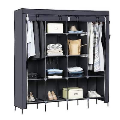 67" Clothes Closet Portable Wardrobe Clothes Storage Rack 12 Shelves 4 Side Pockets Grey