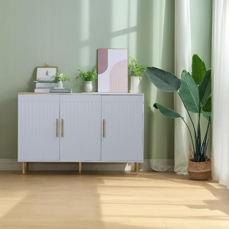 3-Door Large Storage Sideboard with Gold Handles for Kitchen, Dining Room and Living Room.55.12" W Accent White Buffet Cabinet