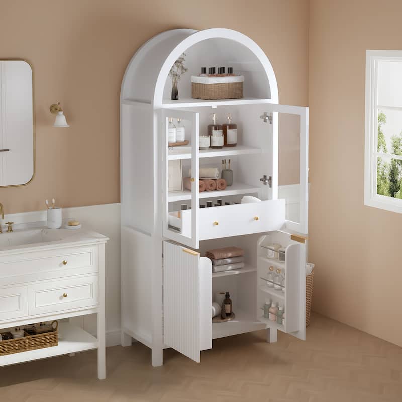 71" Fluted Tall Arched Bathroom storage Cabinet with Adjustable Shelves,Display Storage with Hidden Drawer & Glass Door - White