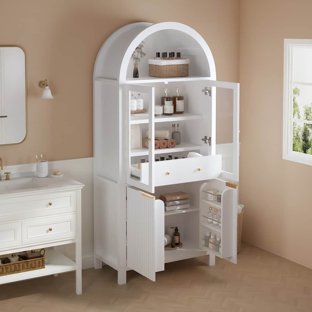 71" Fluted Tall Arched Bathroom storage Cabinet with Adjustable Shelves,Display Storage with Hidden Drawer & Glass Door