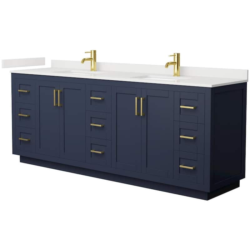 Wyndham Collection WCF292984D-QTZ-UNSMXX Miranda 84" Free Standing - Dark Blue / White Quartz Top / Brushed Gold