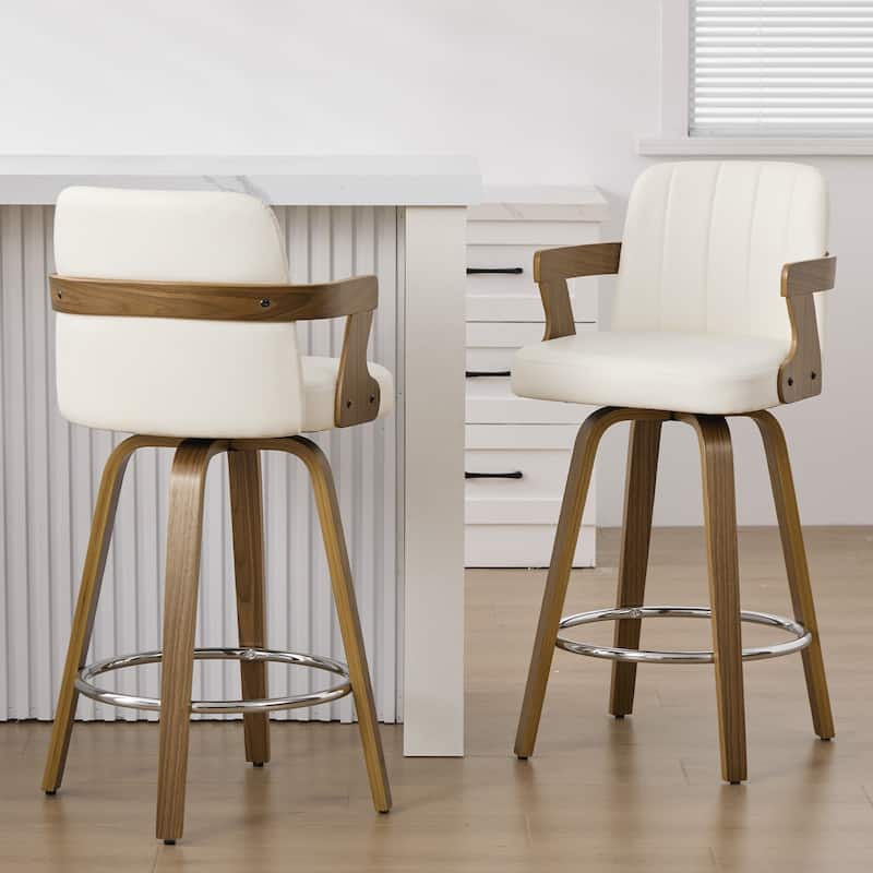 Upholstered Swivel Barstool with Arms and Bentwood Legs - 40.8"H x 18.9"W x 19.5"D/19.3"D