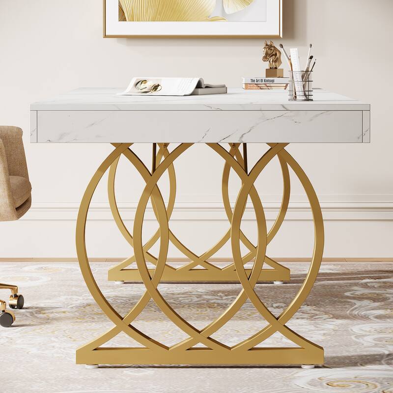 63'' Executive Desk, Modern Office Desk White and Gold Computer Desk