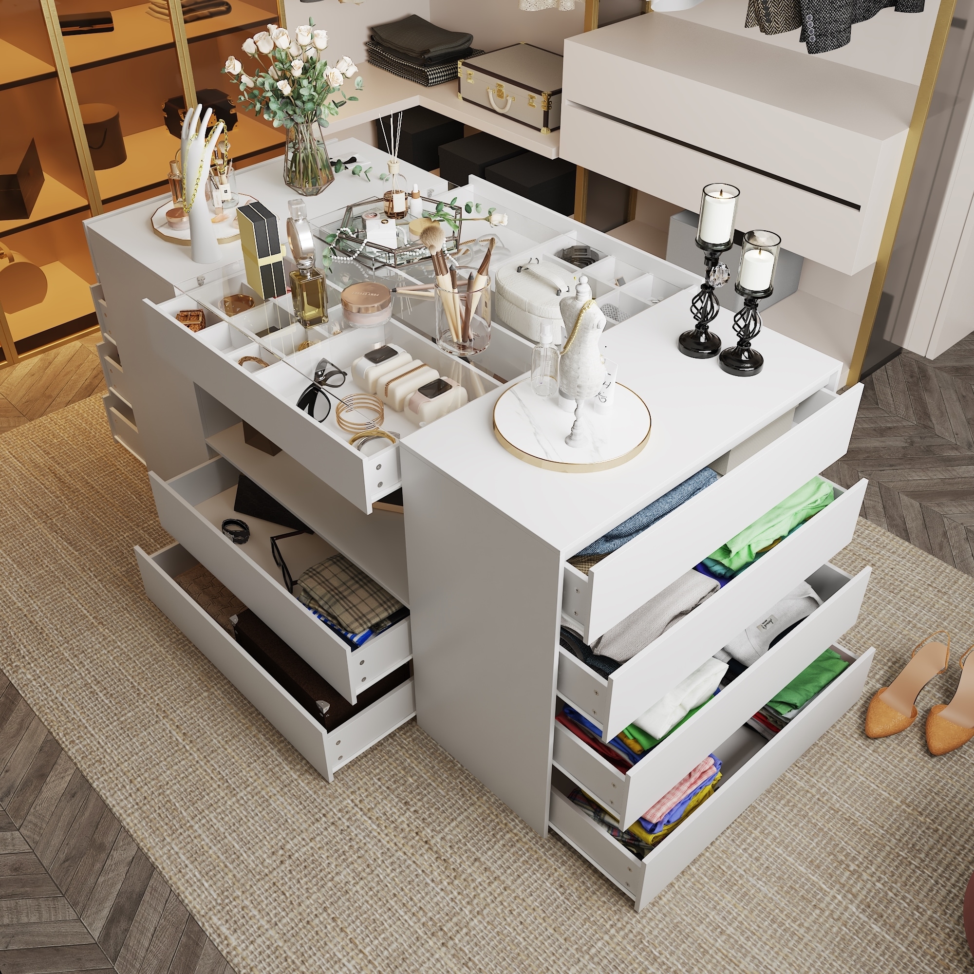 Multi-Functional Dressing Room Storage Island with Ample Drawer Space