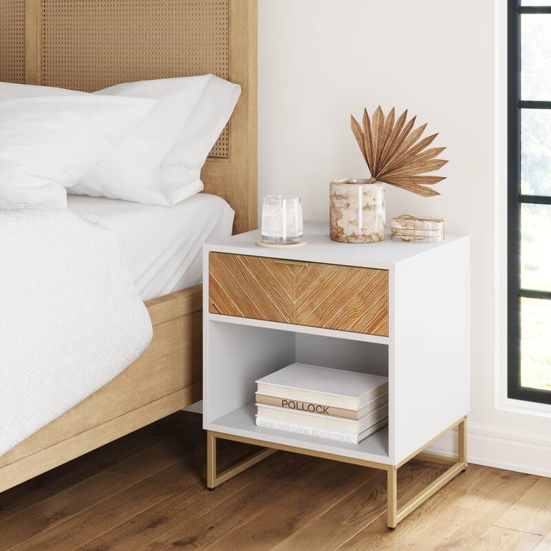 Nathan James Kensi Rustic Nightstand Matte Metal Base Open Cubby Storage and Drawer - White