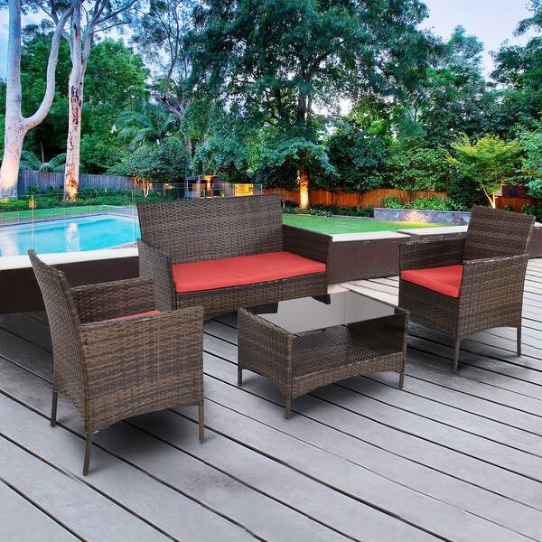 Shop Costway 4 Pcs Outdoor Patio Rattan Furniture Set Table Shelf Sofa W Red Cushions Overstock 16287131