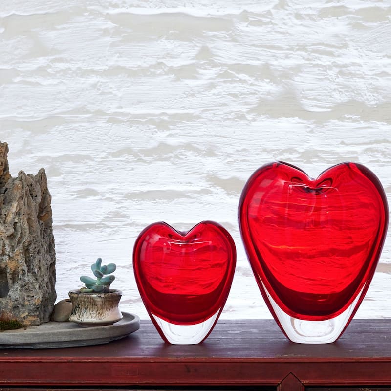 Luxury Lane Hand Blown Red Love Heart Shaped Sommerso Art Glass Vase 7-10 inch tall