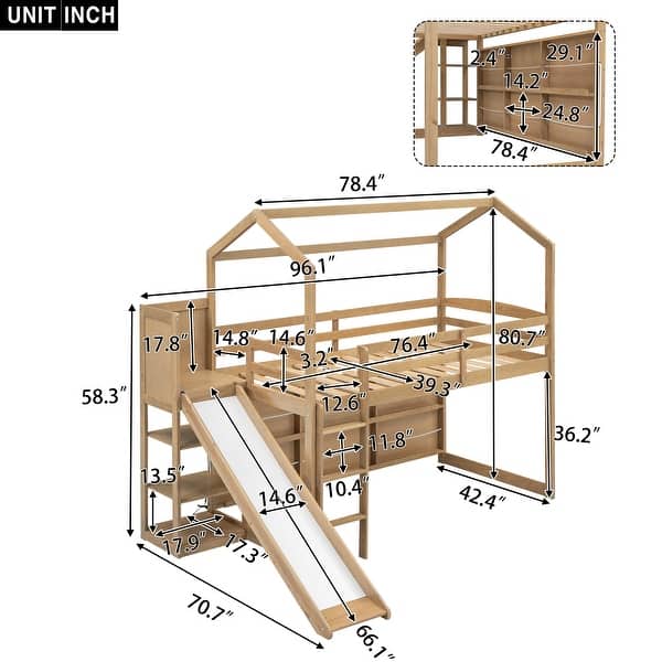 dimension image slide 1 of 2, Contemporary Twin Size Wood House Loft bed with Slide, Storage shelves and Light, Multifunctional Storage, 3 Beds in 1, Natural