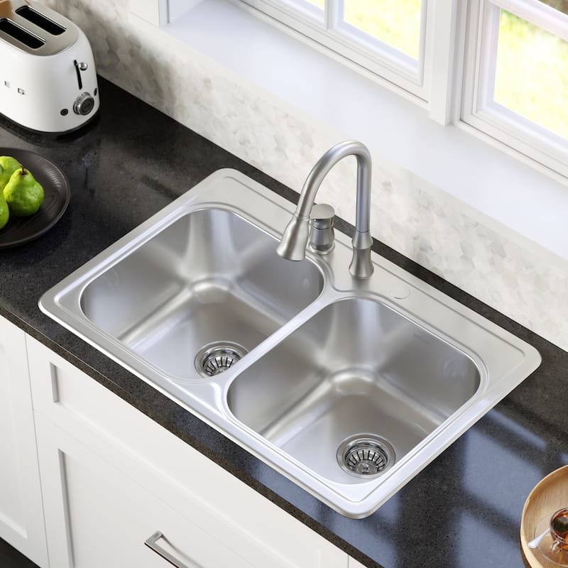 Karran 33" Top Mount 18-Gauge Stainless Steel Double Bowl Kitchen Sink Kit