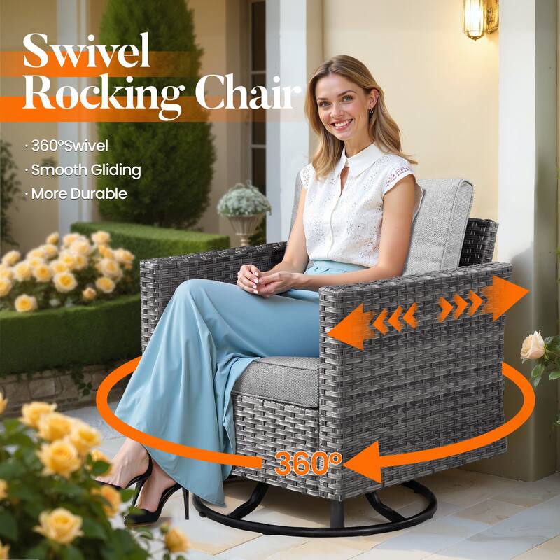 HOOOWOOO 9-piece Grey Rattan Outdoor Furniture Fire Pit Set with Swivel Chairs