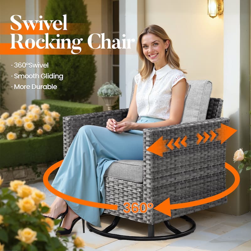 HOOOWOOO 9-piece Grey Wicker Patio Outdoor Sectional Set with Swivel Rocking Chair