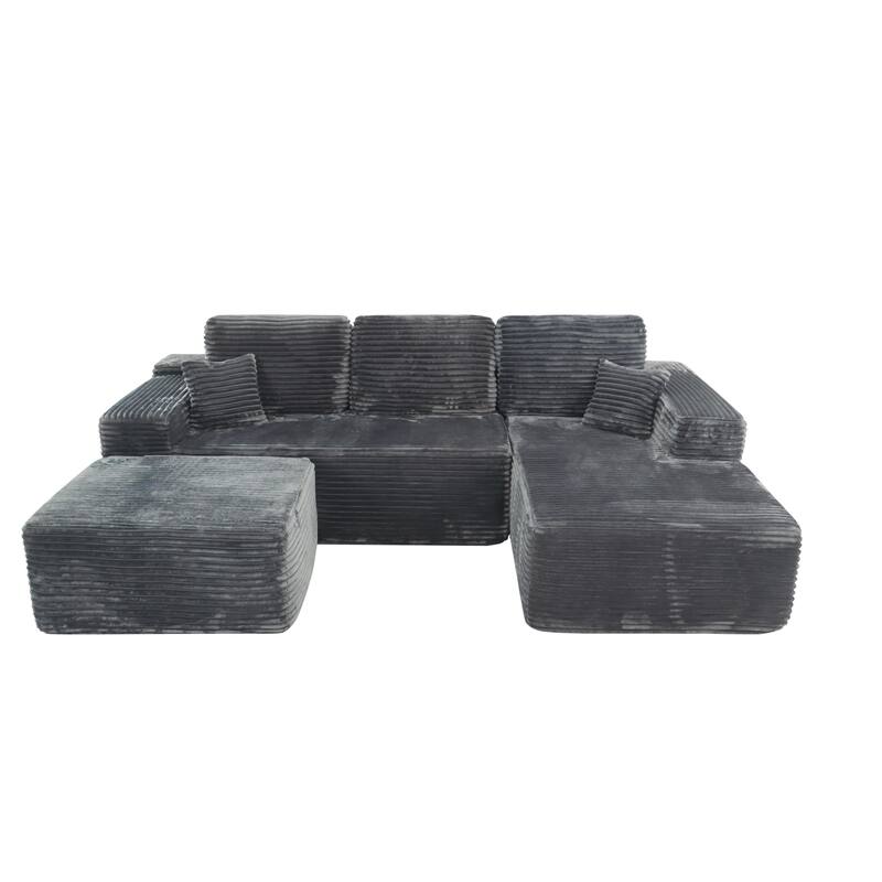 U-Shaped Sectional Couch Boneless Corduroy Couch with Chaise ‌and Ottoman‌, Upholstered Modular Lounger Sofa