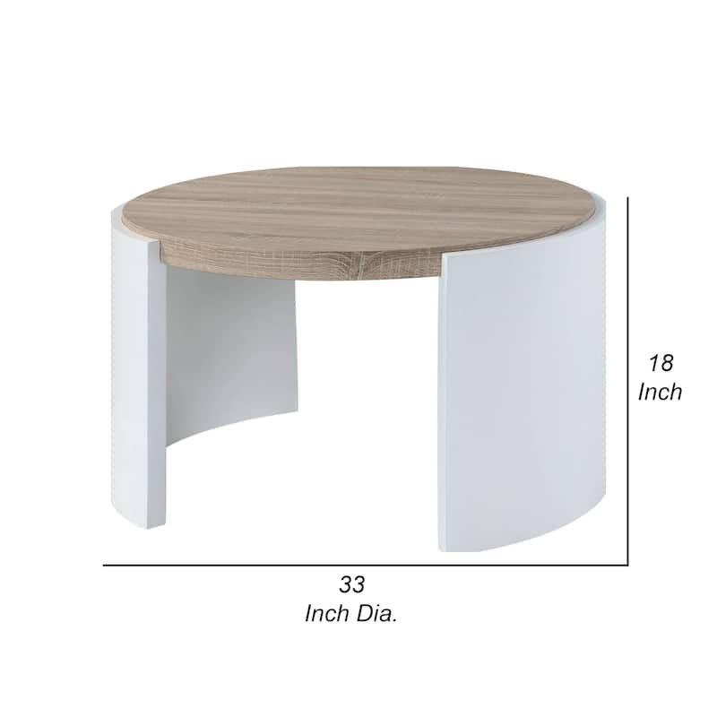 Romani Coffee Table, White High Gloss Wood, Brown Top, Round 33 Inch