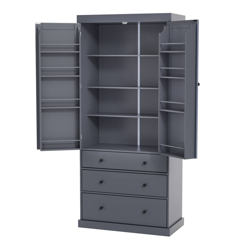 77" Farmhouse Kitchen Pantry, Freestanding Tall Cupboard Storage Cabinet with 3 Adjustable Shelves, 8 Door Shelves, 3 Drawers