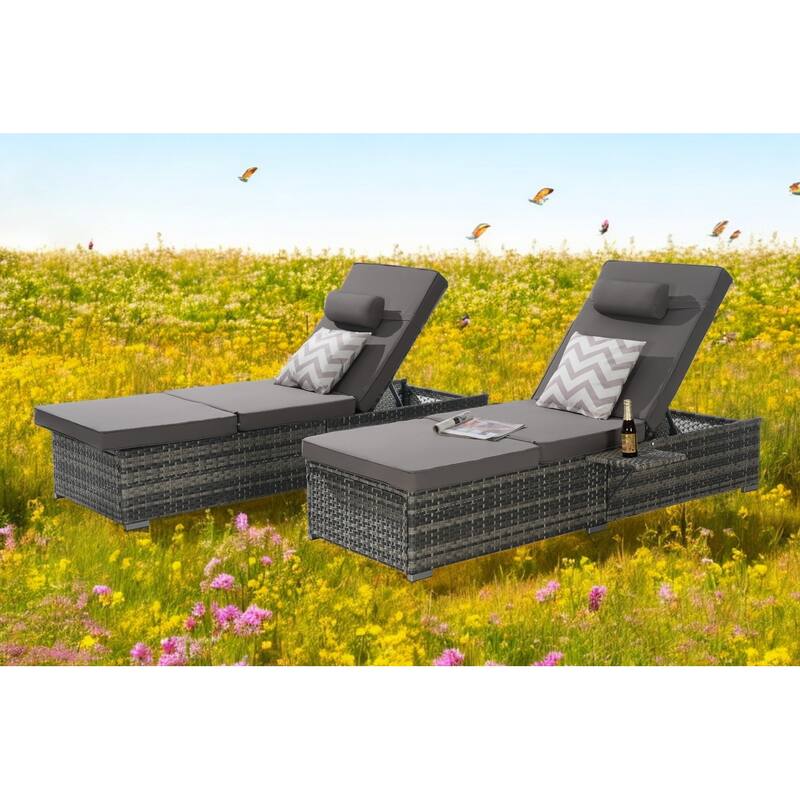 Outdoor Chaise Lounge Chair Set of 2 with Cushions and Adjustable Backrest – PE Rattan Recliners for Patio, Poolside, Garden - Dark Gray