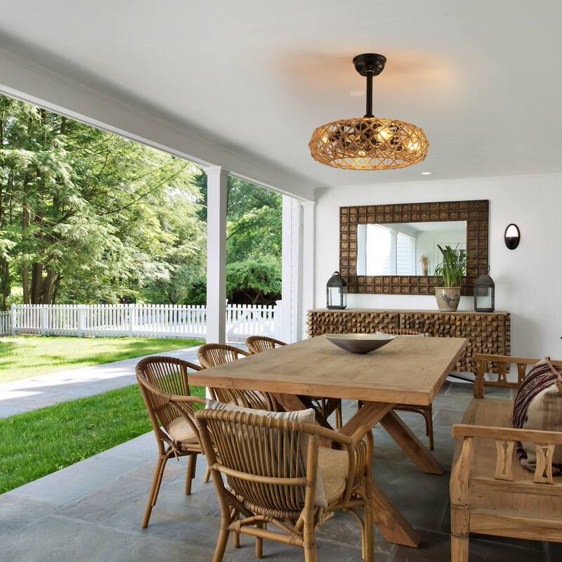 19" Hemp Rope Woven Ceiling Fan with 4 bulbs, Dimmable, 7 Blades, Reversible DC motor