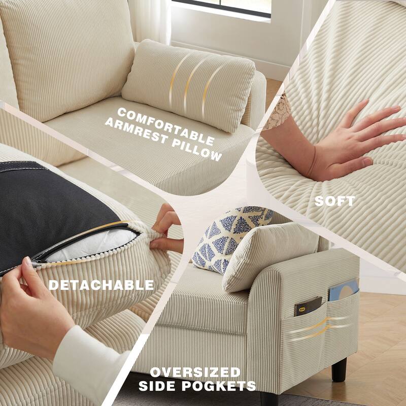 101"Corduroy 3 Piece Living Room Set Including 4 Seater Sofa ,2 Storage Ottoman and Chair