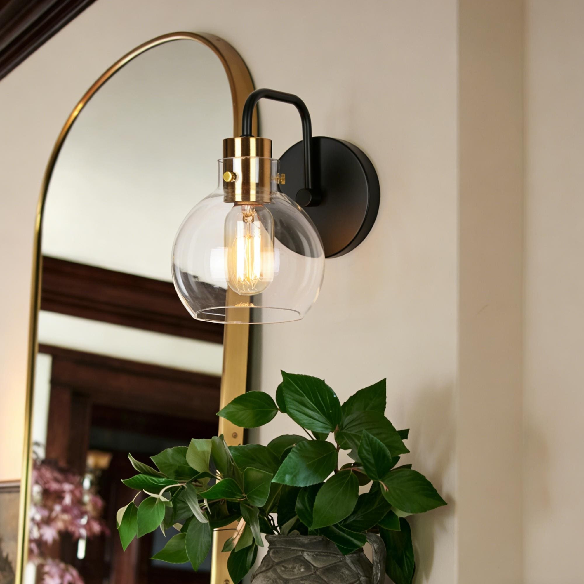 Modern 1-Light Black Gold Wall Sconces Dimmable Bathroom Vanity Light with Globe Glass - 5.5" L x 8" W x 8.5" H