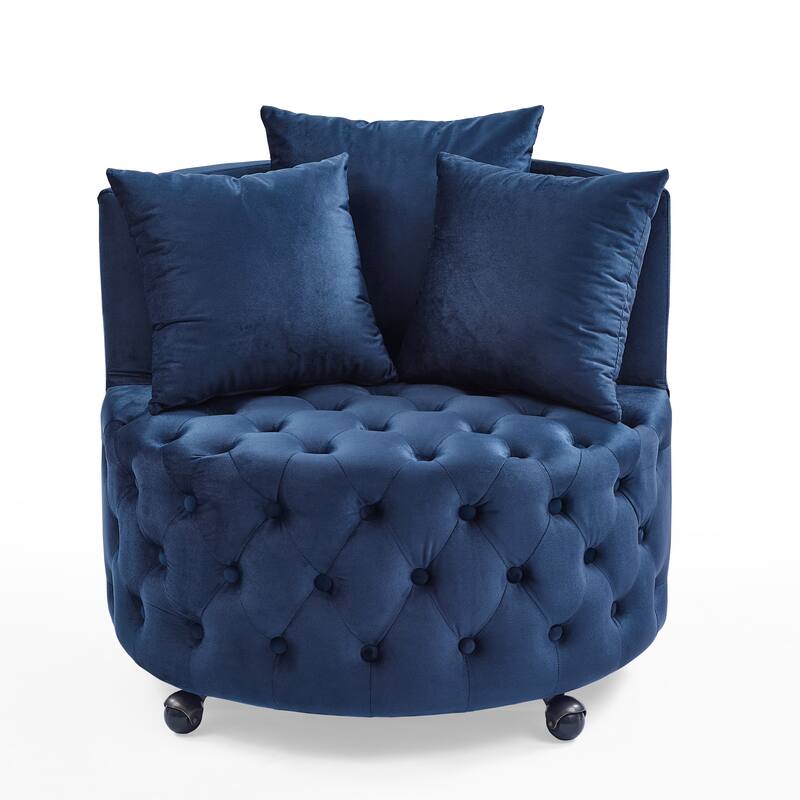 Roomfitters Velvet Swivel Chair with Tufted Button Design, Round Accent Chair with 3 Pillows and Wheels, Lounge Seating
