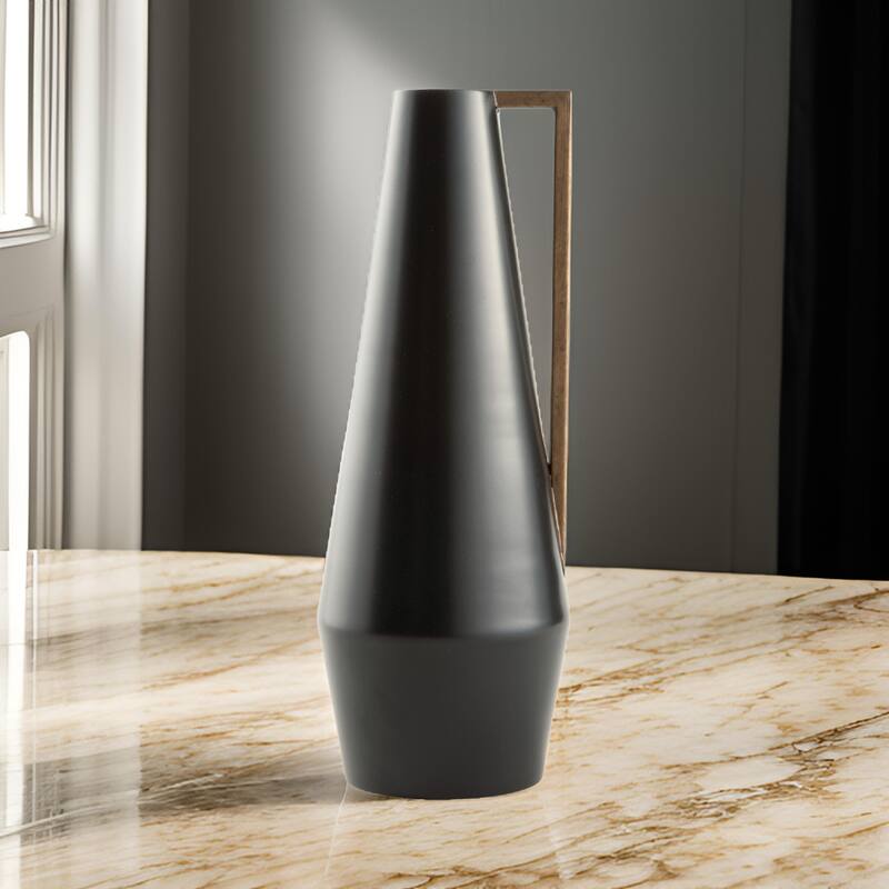 Ezra 20 Inch Decorative Flower Vase, Angular Gold Handle, Black Metal