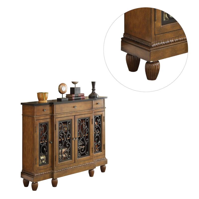 3 Drawers and 4 Doors Wood Console Table in Oak and Antique Bronze