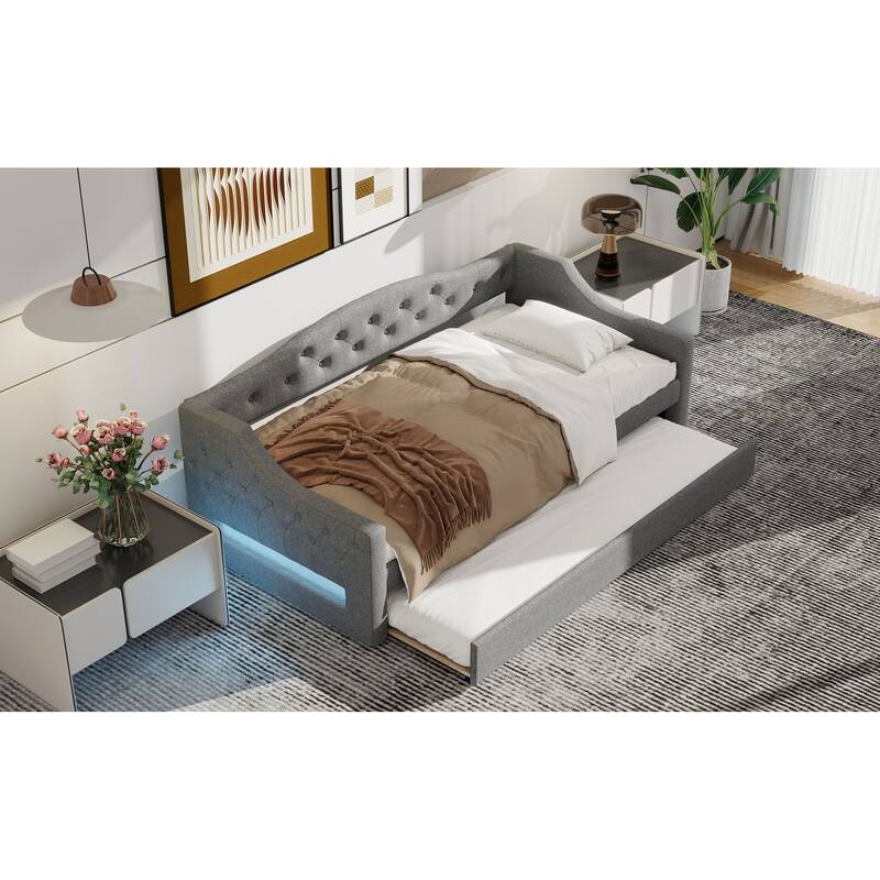 Twin XL Linen Upholstered Daybed with Color-Changing LED Lights and Space-Saving Trundle, Sturdy Frame