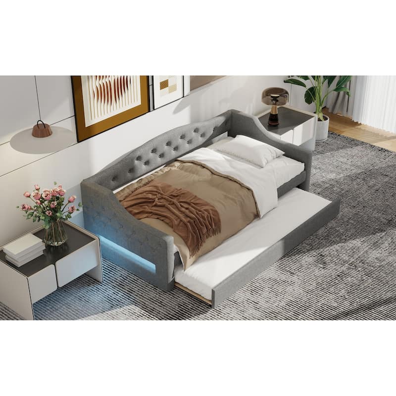 Upholstered Twin XL Size Daybed with LED Belt and Trundle