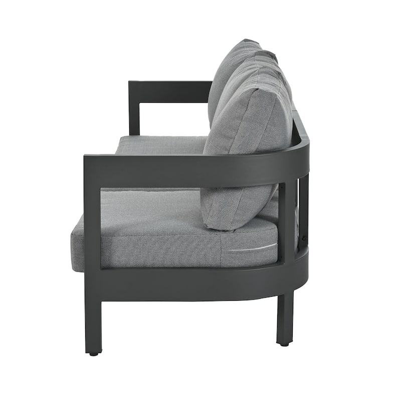 Iron Outdoor Seating Set with Thick Cushion Chairs, Plastic Wood Table