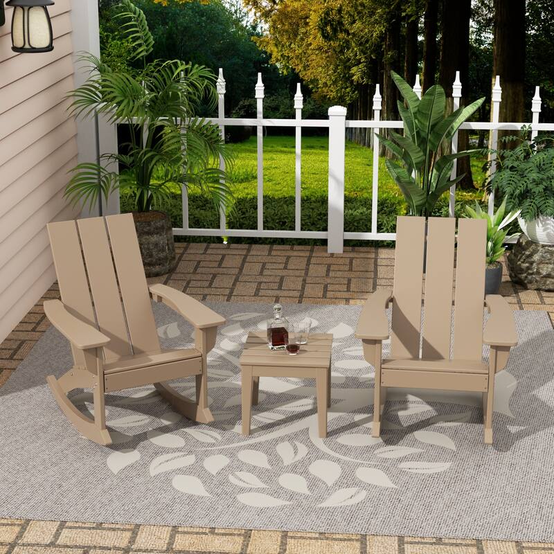 Shoreside Modern Eco-Friendly All Weather Poly Adirondack Rocking Chairs with Side Table (3-Piece Set) - Weathered Wood