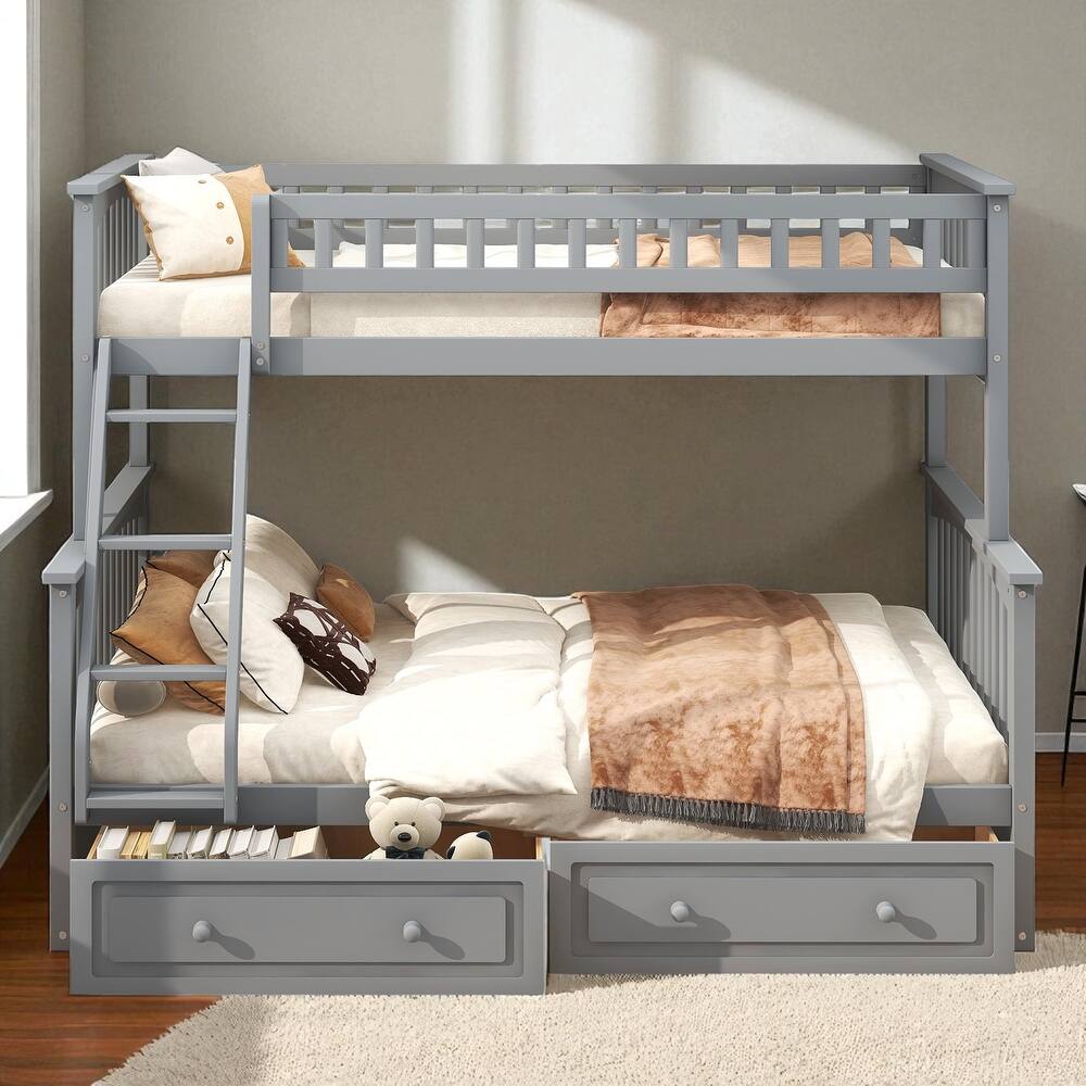 Twin over Full Bunk Bed with Drawers, Convertible to 2 Beds, Pine/MDF, Staircase & Guardrails, 79.7 x 57.5 x 61.2 in