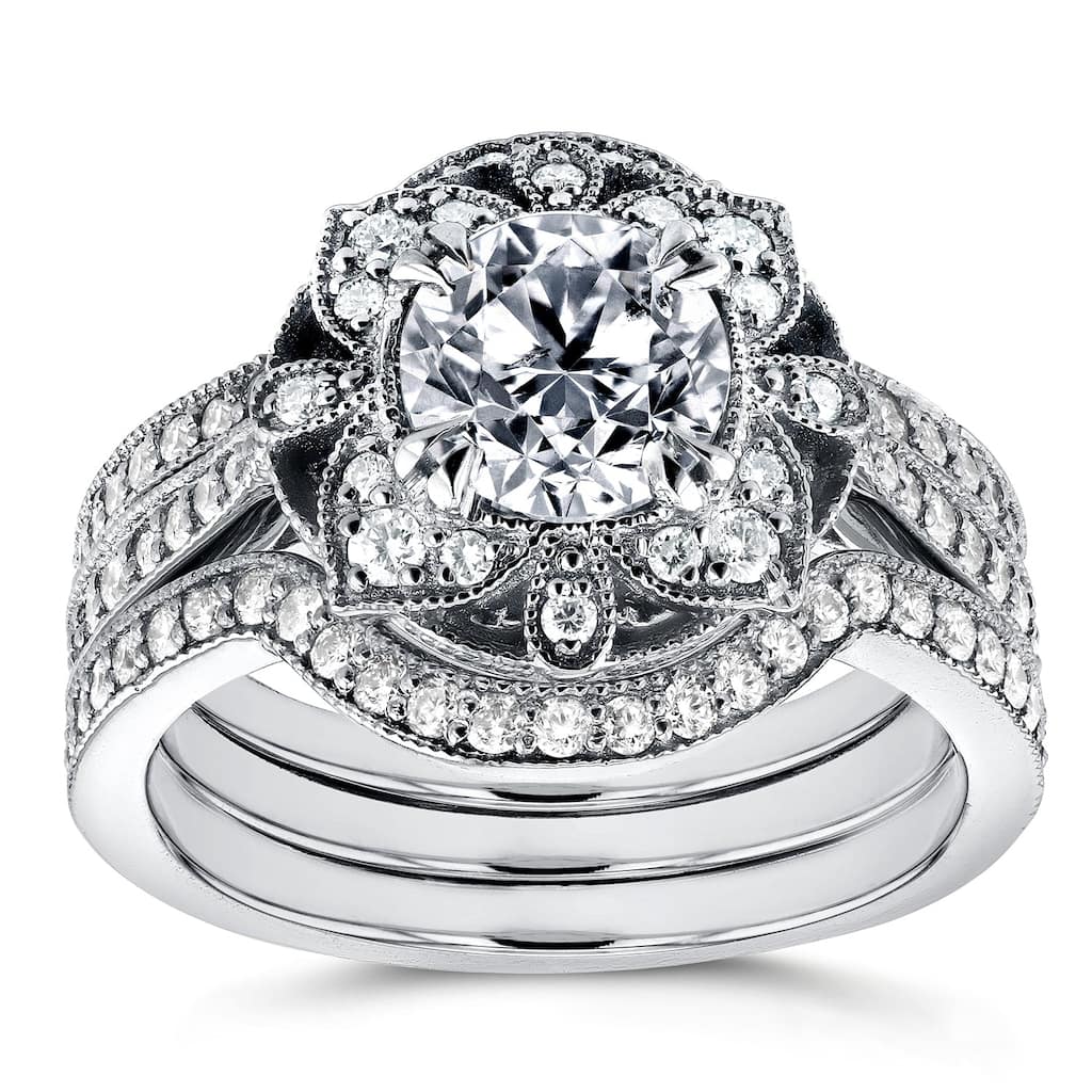 Kobelli 1.65 Carats Natural Diamond 14k Solid White Gold Floral Antique Style 3pc Bridal Set