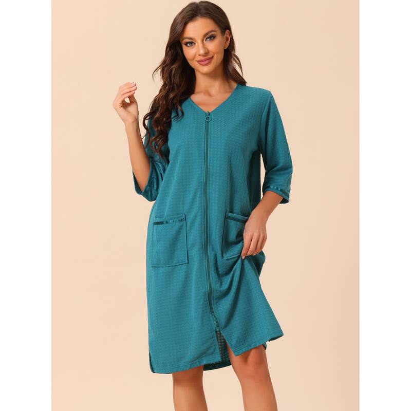 Women's Waffle Robe 3/4 Sleeves Spa Bathrobe Loungewear Zipper Up Robes - Peacoke Blue - S
