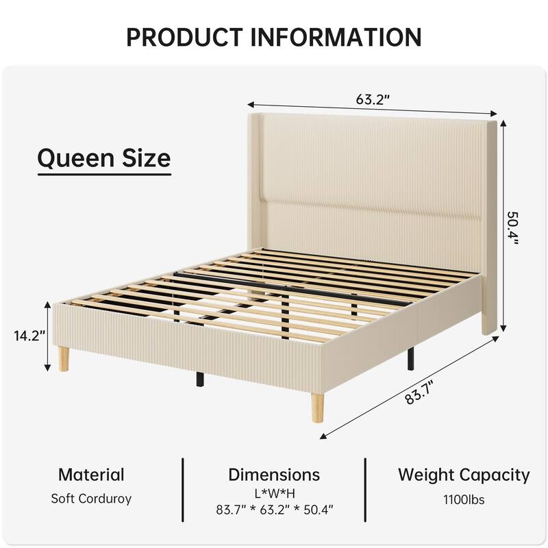 Upholstered Corduroy Bed Frame, Bed Frame with Wingback Headboard