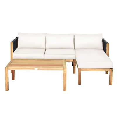 3 Piece Patio Acacia Sofa Set with Nylon Armrest - 52" x 26" x 25"(L x W x H)