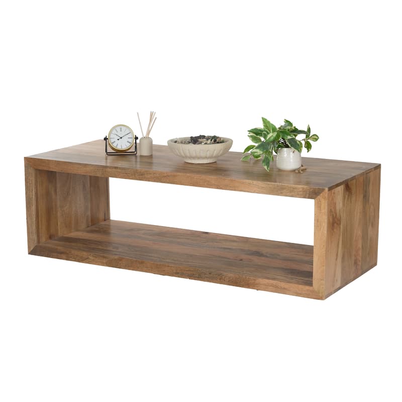 Modern Rectangular Mango Wood Coffee Table with Open Shelf - 57" Wide, Natural Finish