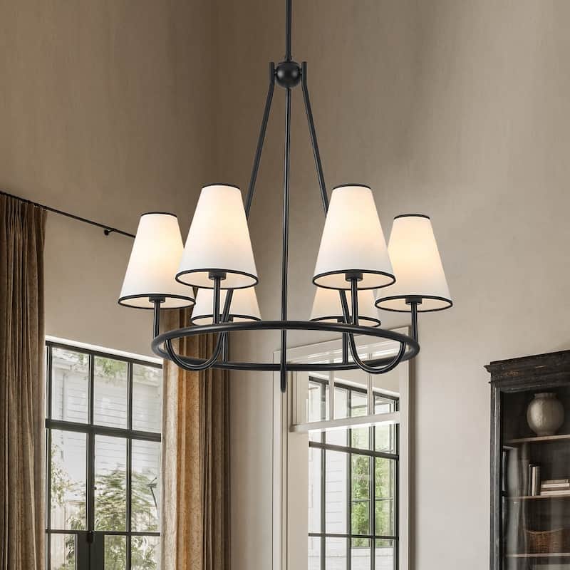 Transitional 6-Light White Fabric Cone Circular Chandelier 25.6 in